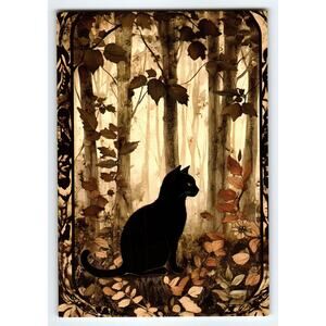 Vintage Halloween Black Cat Forest Scene Photochrome Postcard 5.5x4"